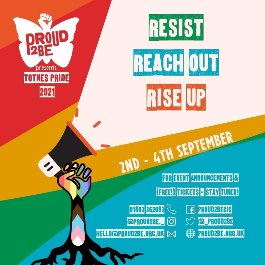 A background of curved diagonal stripes in rainbow colours. A butterfly fist logo at the top left reads "PROUD2BE presents TOTNES PRIDE 2021". Beneath this is a progress flag patterned fist growing up from roots. A cream spotlight beam emerges from a megaphone held in the clenched fist. The words "RESIST, REACH OUT, RISE UP" are emblazoned in green, blue and orange across the spotlight. Event information identical to that in this caption is listed at the lower right.