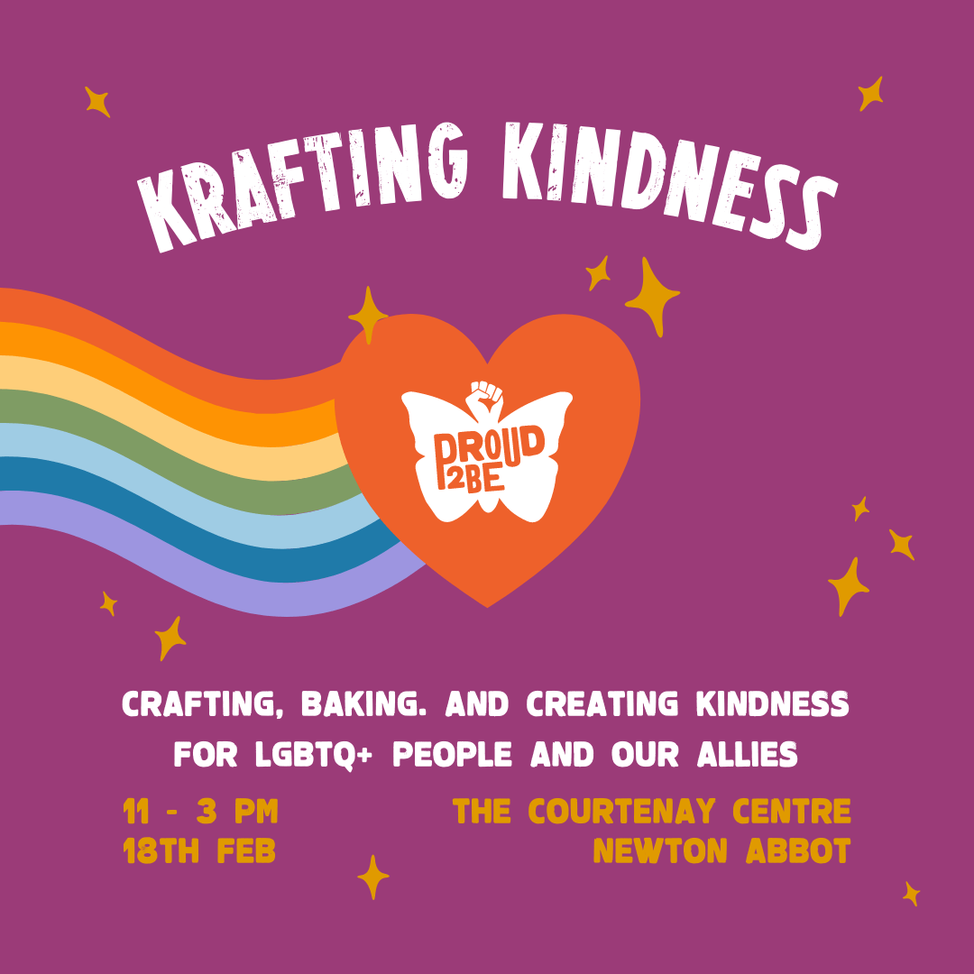 A purple background scattered with yellow stars of differing sizes. At the centre is the white Proud2Be butterfly logo in a big red heart, trailed by a brightly coloured wiggly rainbow. White text above reads: "Krafting Kindness". White and yellow text below states the event information from this caption.