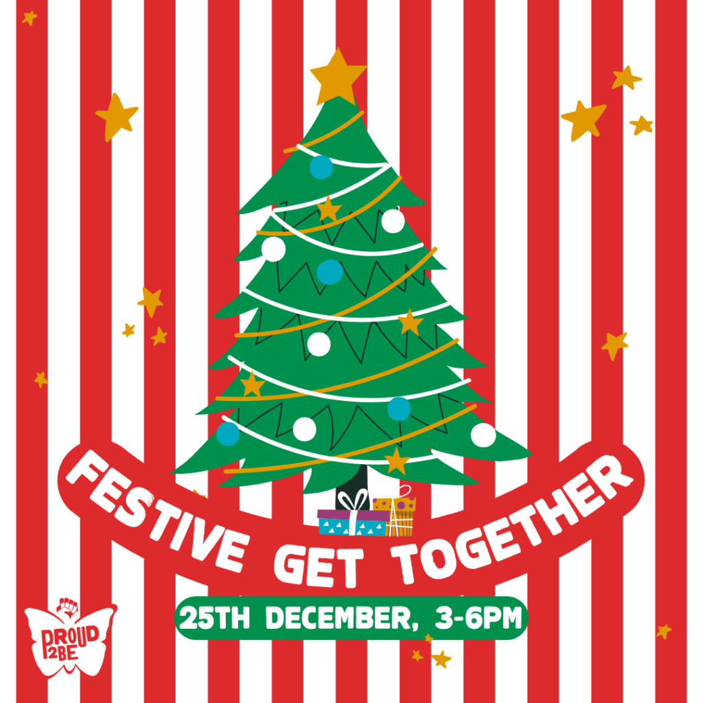 A red and white striped background with yellow stars dotted across. A green cartoon festive tree is at the centre, decorated with blue and white baubles, yellow stars, and yellow and white garlands. Underneath are two patterned gift boxes. At the bottom is curved white text on a red background reading "Festive Get Together". Beneath that is a green textbox with white text containing details from this caption