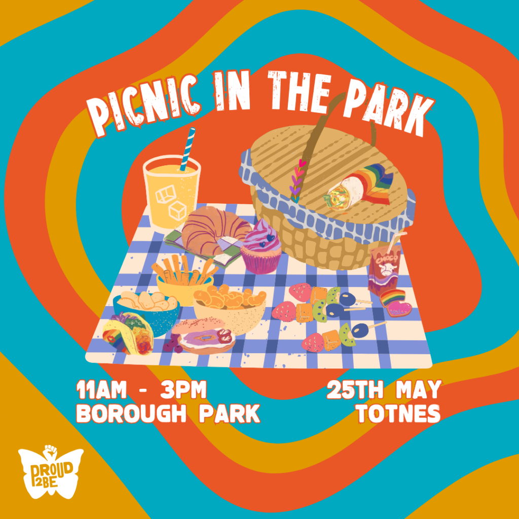 A background of wavy vaguely circular lines in yellow, blueand orange. At the centre is a cartoon picnic spread, with a cream and bluechecked picnic blanket. On the blanket are various picnic items, such as awicker basket, a croissant on genderqueer flag-coloured napkin, a bagel inlesbian flag colours, a cupcake in bi flag colours, and a taco, wrap, and somecookies in rainbows. White text states the picnic event details listed in the caption